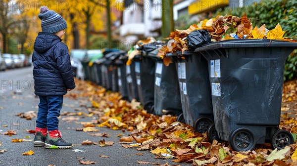 Child standing beside a row of garbage bins on a sidewalk covered with autumn leaves, waste separation, reduction and recycling concept, AI generated