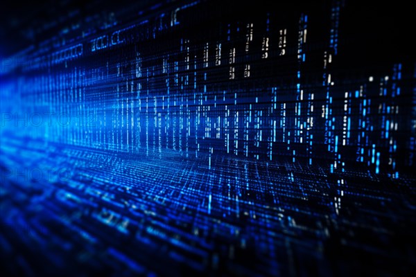 Blue dynamic digital data streams, showcasing flowing lines of code in a mesmerizing pattern, ideal for representing advanced computing, cybersecurity, and the intricate world of programming, AI generated