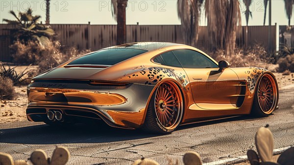 Golden hour lighting on an animal print sports car near palm trees, AI generated
