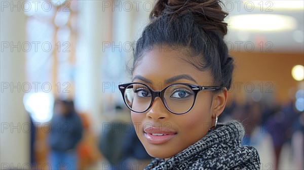 A confident young Mixed-race woman wearing glasses is featured in a sharp portrait with a blurred background, AI generated