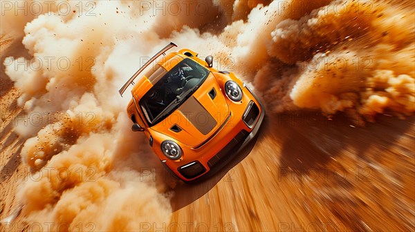 Dynamic image of a rally orange sports car kicking up dust and sand while off-roading and racing, AI generated