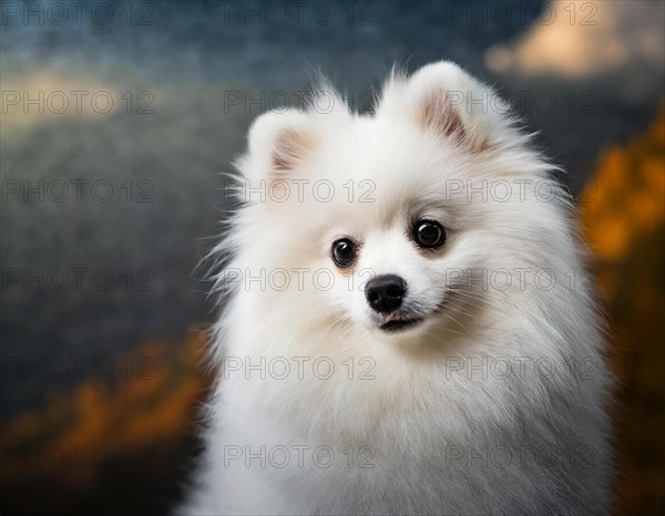 Dog, white spitz, portrait, head only, puppies, dark background, AI generated, AI generated