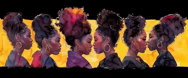 A row of women silhouettes in watercolor, with detailed hairstyles and earrings, banner 3:1 wide style, horizontal aspect ratio, AI generated