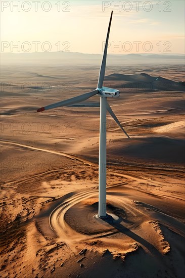 Wind turbine standing idle in a still lifeless desert representing the challenges of transition, AI generated