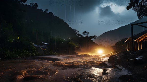 Heavy rainfall pouring on an already saturated ground leading to mudslides captured in a stormy twilight, AI generated