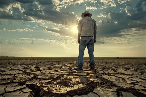 A farmer stands on a parched, cracked earth surface, symbolising water shortage, drought, extreme weather conditions, climate crisis, climate change, global warming, crop failure, crop failures, AI generated, AI generated, AI generated