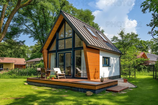 Modern Central European style tiny house built with natural materials located in a forest like environment with trees and bushes, AI generated