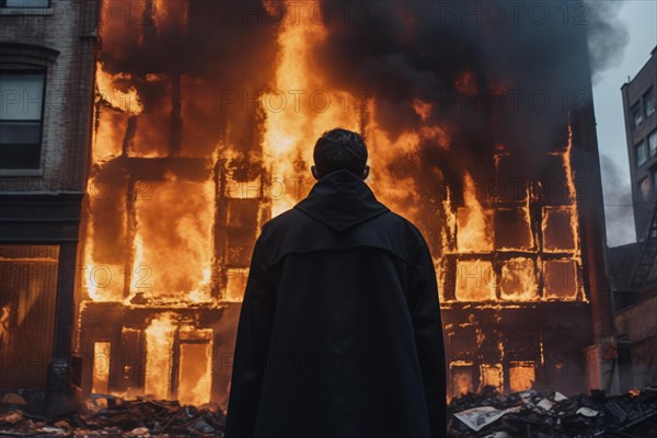 Back view of man standing in front of burning building. KI generiert, generiert, AI generated