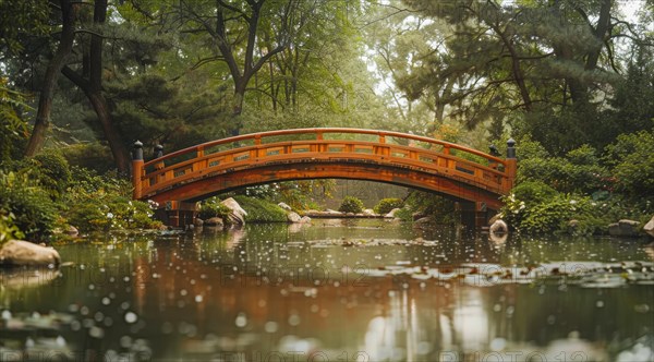 An arched bridge reflects on a still pond surrounded by lush trees in a serene setting, ai generated, AI generated