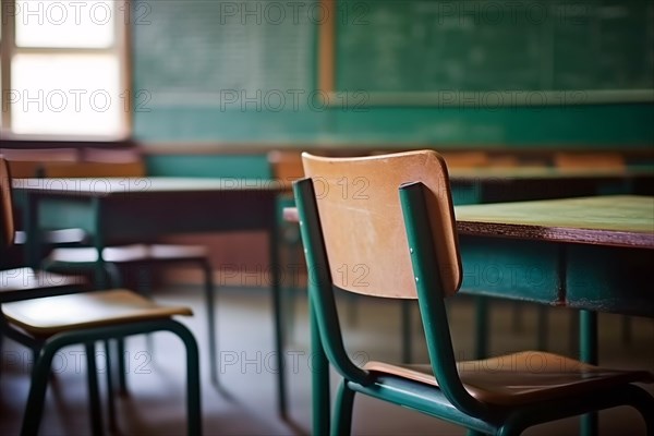 Empty school classroom with old chairs and desks. KI generiert, generiert, AI generated