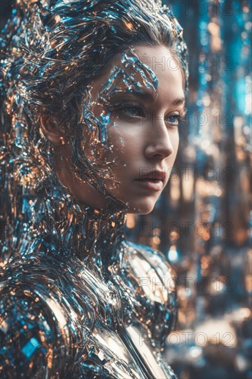 Side profile of a woman with her body and face covered in a textured metallic paint, exuding an artistic vibe, ray tracing 3d fashion, AI generated