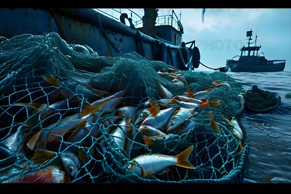 Commercial fishing net cascading onto the dock overflowing with caught fish and incidentally bycatch, AI generated, deep sea, fish, squid, bioluminescent, glowing, light, water, ocean