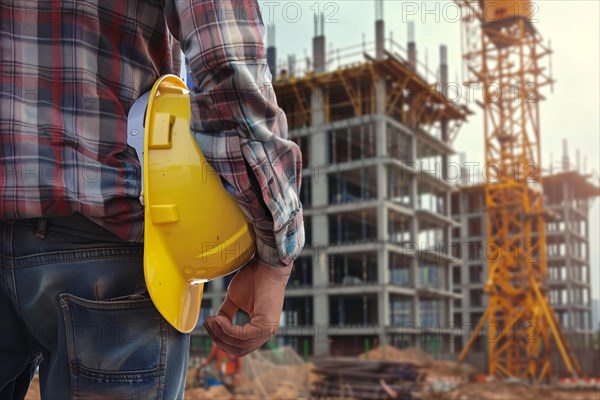 Close up of construction worker holding yellow safety helmet with construction site with building in blurry background. KI generiert, generiert, AI generated
