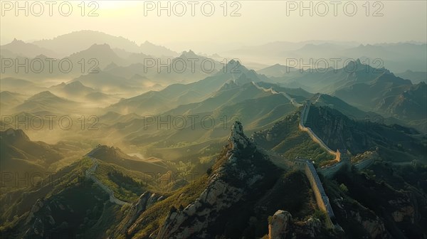Sunset casting a golden glow over the Great Wall of China and the surrounding mountain landscape, ai generated, AI generated