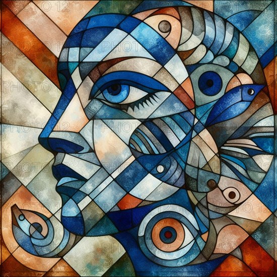 Cubist-inspired abstract painting with a woman's face in water enviroment with fishes in geometric shapes of blue and orange, square aspect, AI generated
