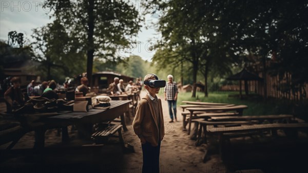 Child in the village wearing VR glasses in virtual reality, AI generated