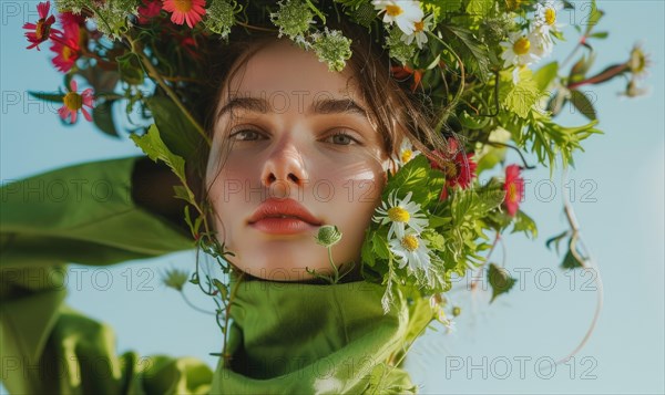 Close-up of a woman surrounded by greenery, with flowers in her hair, conveying serenity AI generated