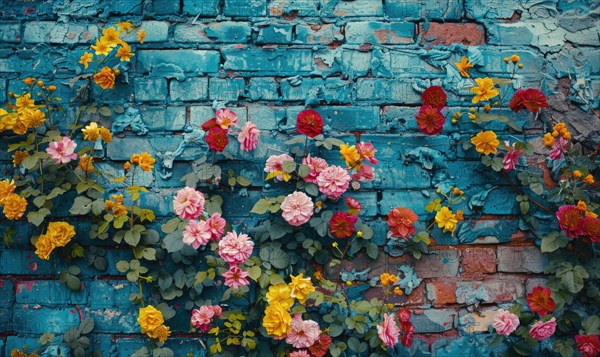 Colorful roses against a blue peeling paint wall creating a vintage feel AI generated