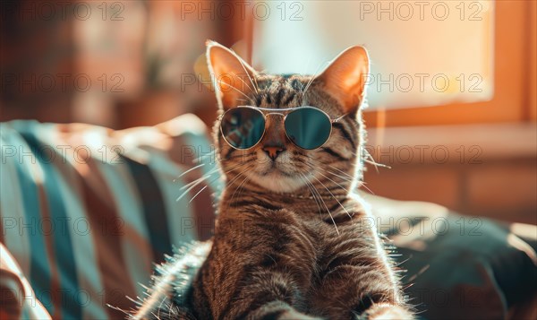 Confident cat lounging in sunlight with reflective sunglasses and a cozy backdrop AI generated