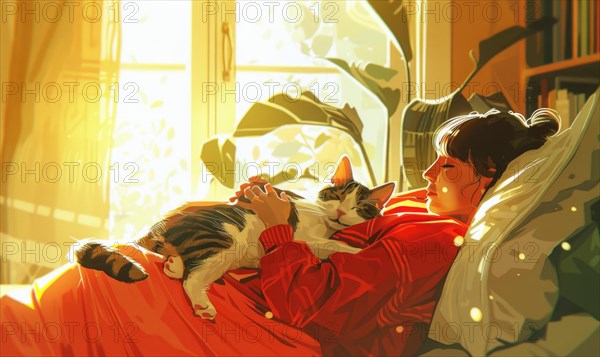 Peaceful scene of a woman in red relaxing with her cat in a cozy sunlit room AI generated