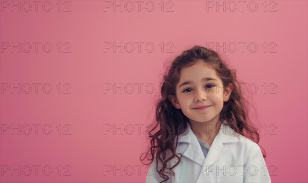Smiling child against a plain pink background appears happy AI generated