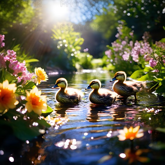Duck family navigating across a vibrant stream bordered with abundant blossoms, AI generated