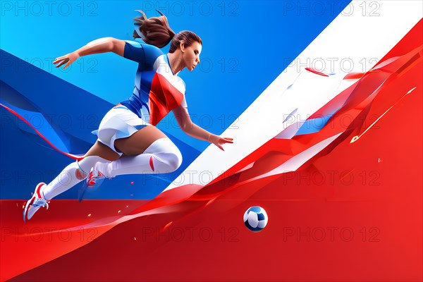 Abstract digital render of a female olympic soccer player morphing into fluid shapes of french tricolor blue white and red, AI generated