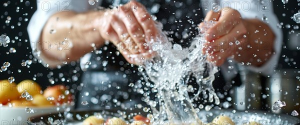 Chef's hands in motion, splashing water while preparing fresh pasta, emphasizing the cooking action, AI generated