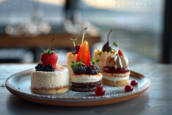 An assortment of gourmet cheesecakes garnished with fresh berries and mint, AI generated