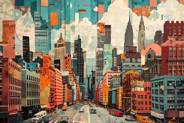 Colorful collage of an abstract cityscape with stylized buildings and skyscrapers, illustration, AI generated