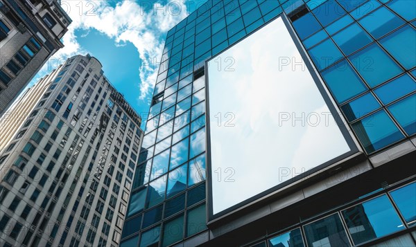 Blank screen banner mockup displayed on the modern building facade. Close Up view AI generated