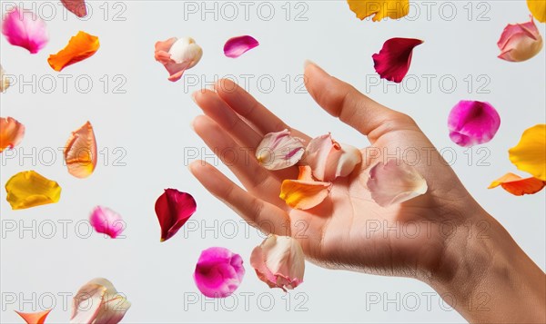 Close-up of a woman's hand holding colorful flower petals AI generated