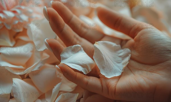 Close-up of a woman's hand with a neutral manicure, adorned with delicate flower petals AI generated