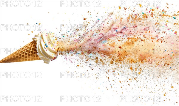 Ice cream cone explosion on white background AI generated