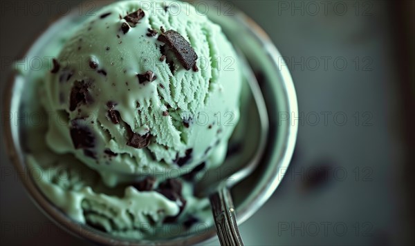 Mint chocolate chip ice cream scoop, closeup AI generated