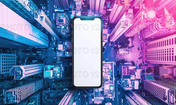 Smartphone mockup with a blank screen on a vibrant cityscape background AI generated