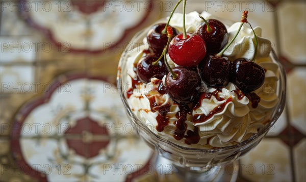 Sundae topped with cherries and whipped cream, closeup view, selective focus AI generated