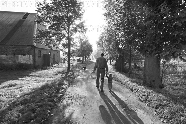 Father with little daughter by the hand in the backlight in the morning, Othenstorf, Mecklenburg-Vorpommern, Germany, Europe