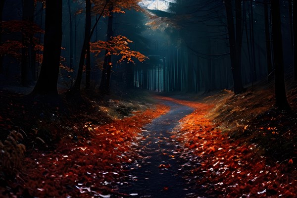 Autumn forest with a winding trail strewn with leaves in hues of orange red and yellow in moonlight, AI generated