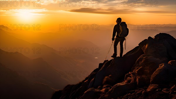 Silhouette of a climber standing atop a mountain peak bathed in the warm vibrant hues of a sunset, AI generated