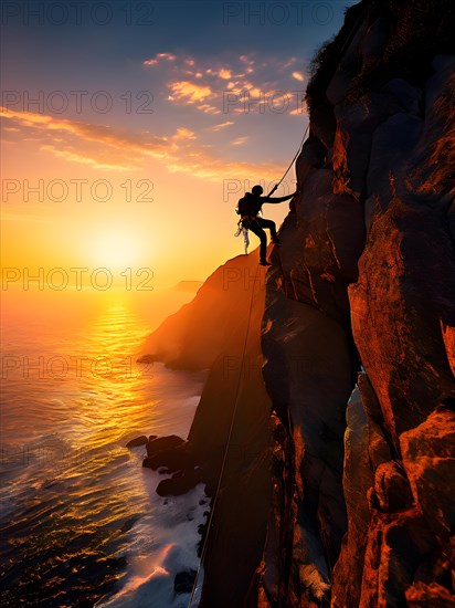 Climber rappelling down a steep rock face bathed in the vibrant hues of a sunset, AI generated