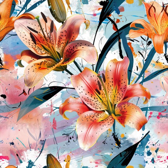 Seamless watercolor pattern with bold lily flowers and abstract strokes AI generated