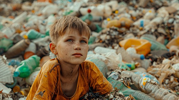 A blue eyed caucasian child sits amid a sprawling landscape of waste and pollution, poverty and enviromental concept, AI generated