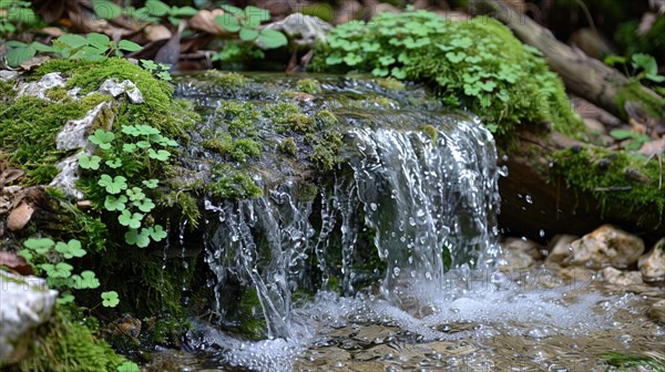 A small, clear waterfall flowing through a vibrant green forest, image depicting relaxation, recreation, serenity, naturalness, meditation, enjoyment concepts, AI generated