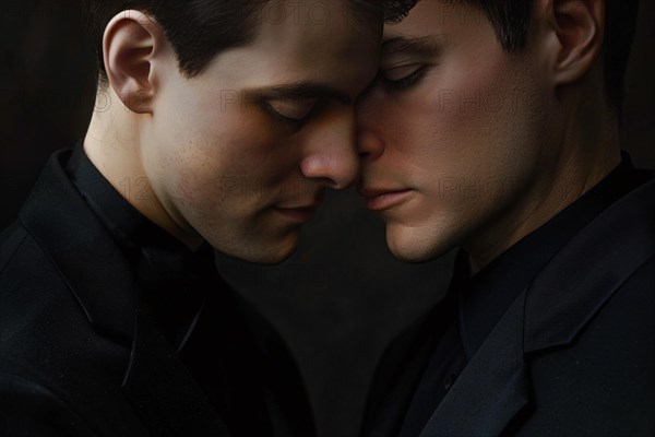 Close up of two grooms in tuxedos. Gay marriage concept. KI generiert, generiert, AI generated