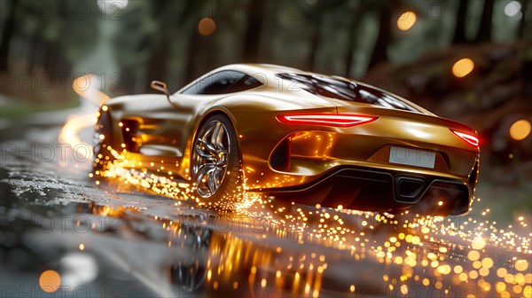 A golden exotic expensive stunning car speeding on a wet forest road into a forest as the golden hour reflects off the surfaces, AI generated