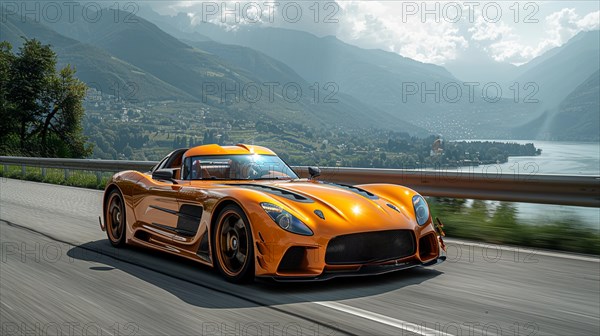 Orange sports car speeding on a mountain road beside Lake Garda in Italy, AI generated