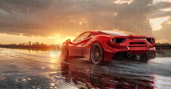 Red supercar driving through a puddle on a rainy day with sunset sky, low angle view, AI generated