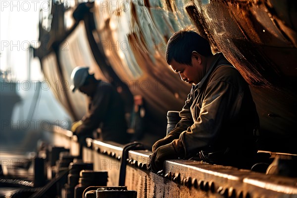 Close up ships hull under repair in seaport dry dock, AI generated