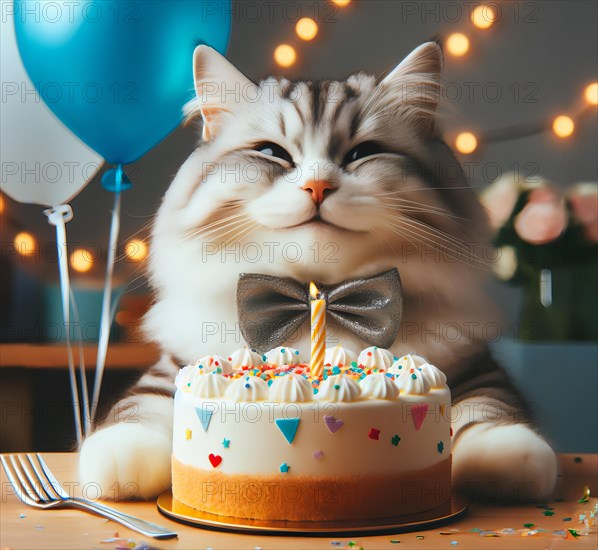 A cat wishes a happy birthday with a birthday cake with candles, symbolic image celebration, party, birthday, candy, cake AI generated, AI generated